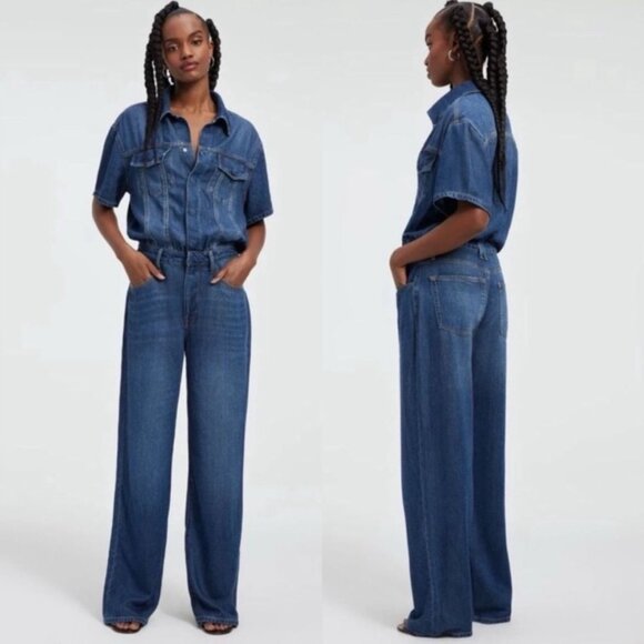 Good American Denim Wide Leg Jumpsuit Short Sleeve One Piece Size 1 Weihgtless - Picture 1 of 12